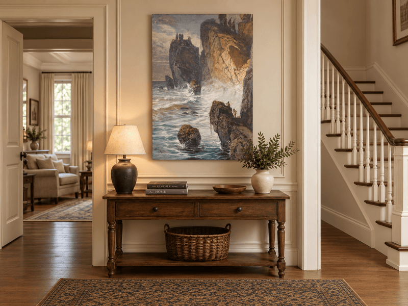 Peinture à l'huile de paysage - Rivière printanière avec pêcheur et arbres