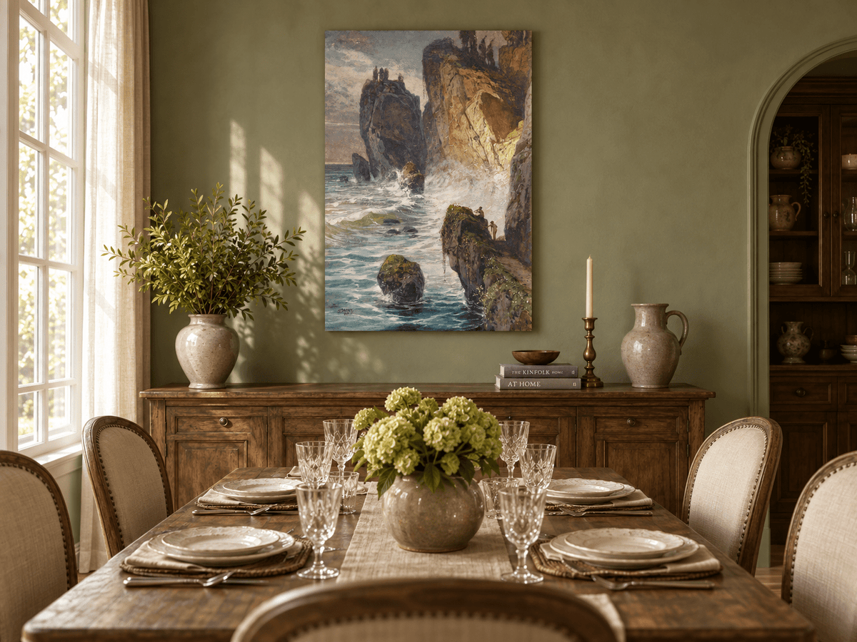 Peinture à l'huile de paysage - Rivière printanière avec pêcheur et arbres