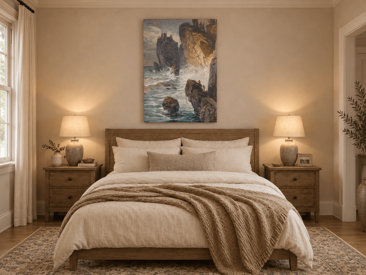 Peinture à l'huile de paysage - Rivière printanière avec pêcheur et arbres