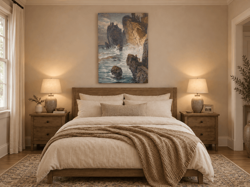 Peinture à l'huile de paysage - Rivière printanière avec pêcheur et arbres