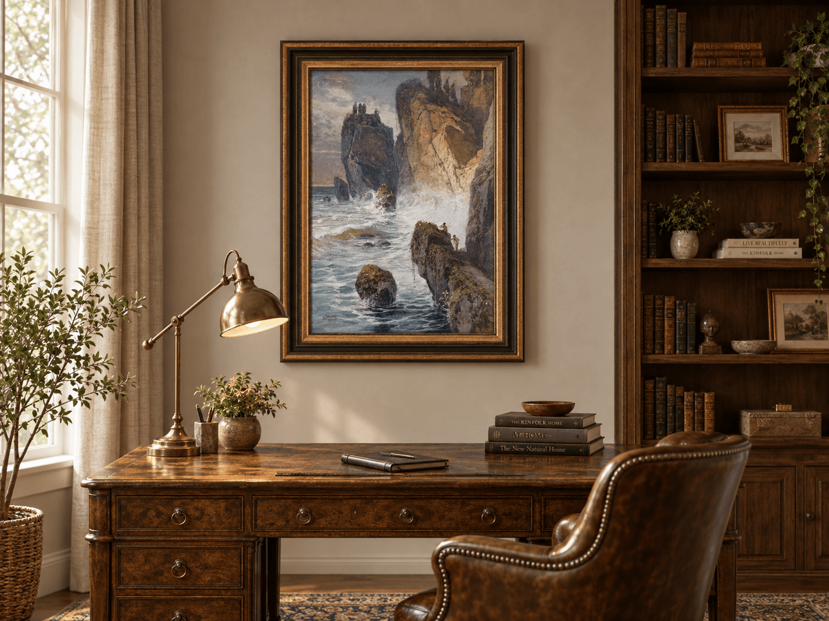Peinture à l'huile de paysage - Rivière printanière avec pêcheur et arbres