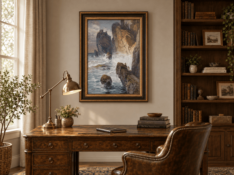 Peinture à l'huile de paysage - Rivière printanière avec pêcheur et arbres