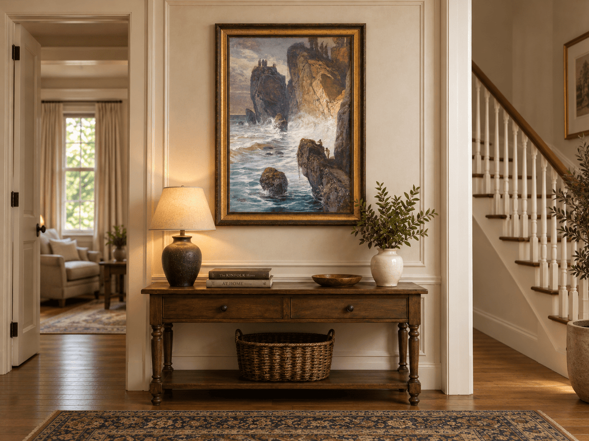 Peinture à l'huile de paysage - Rivière printanière avec pêcheur et arbres