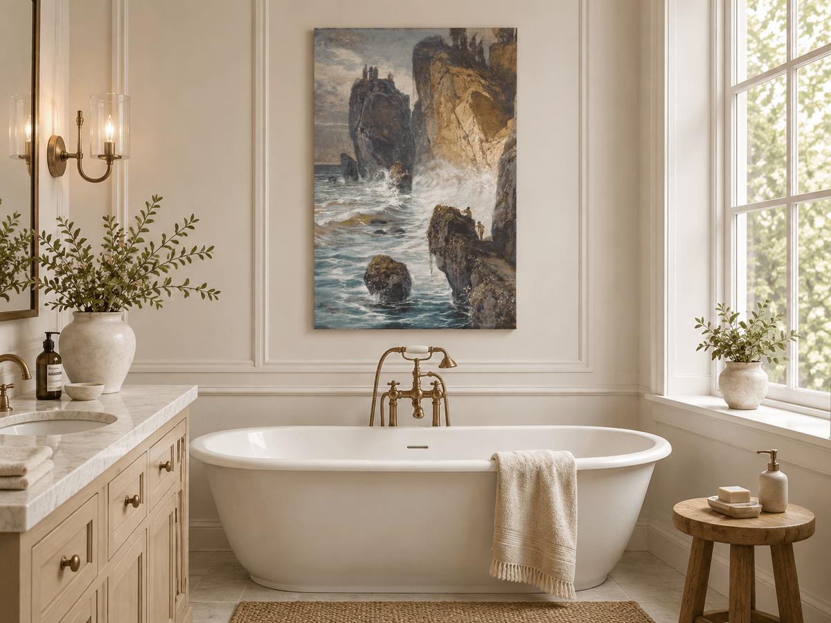 Peinture à l'huile de paysage - Rivière printanière avec pêcheur et arbres
