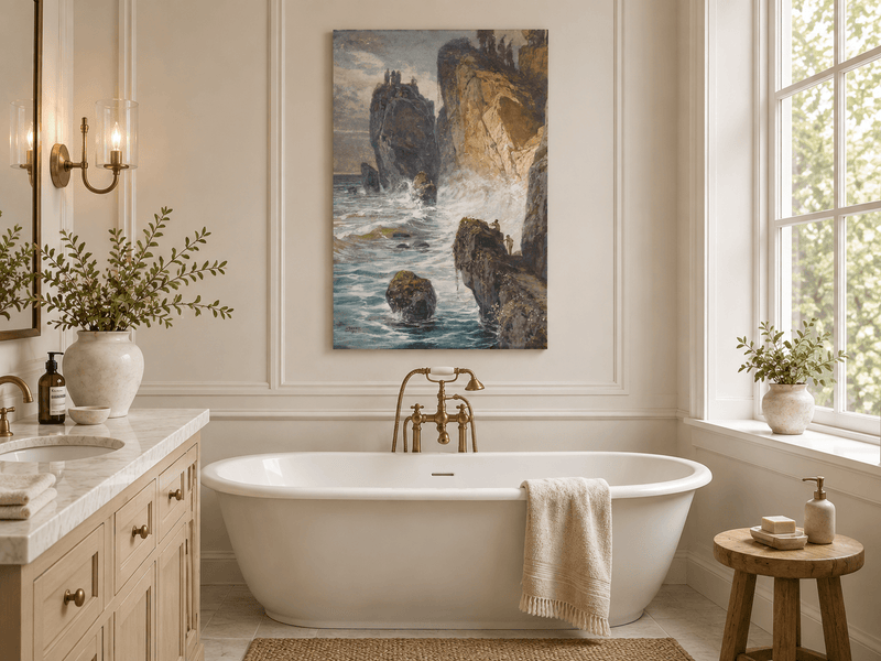 Peinture à l'huile de paysage - Rivière printanière avec pêcheur et arbres