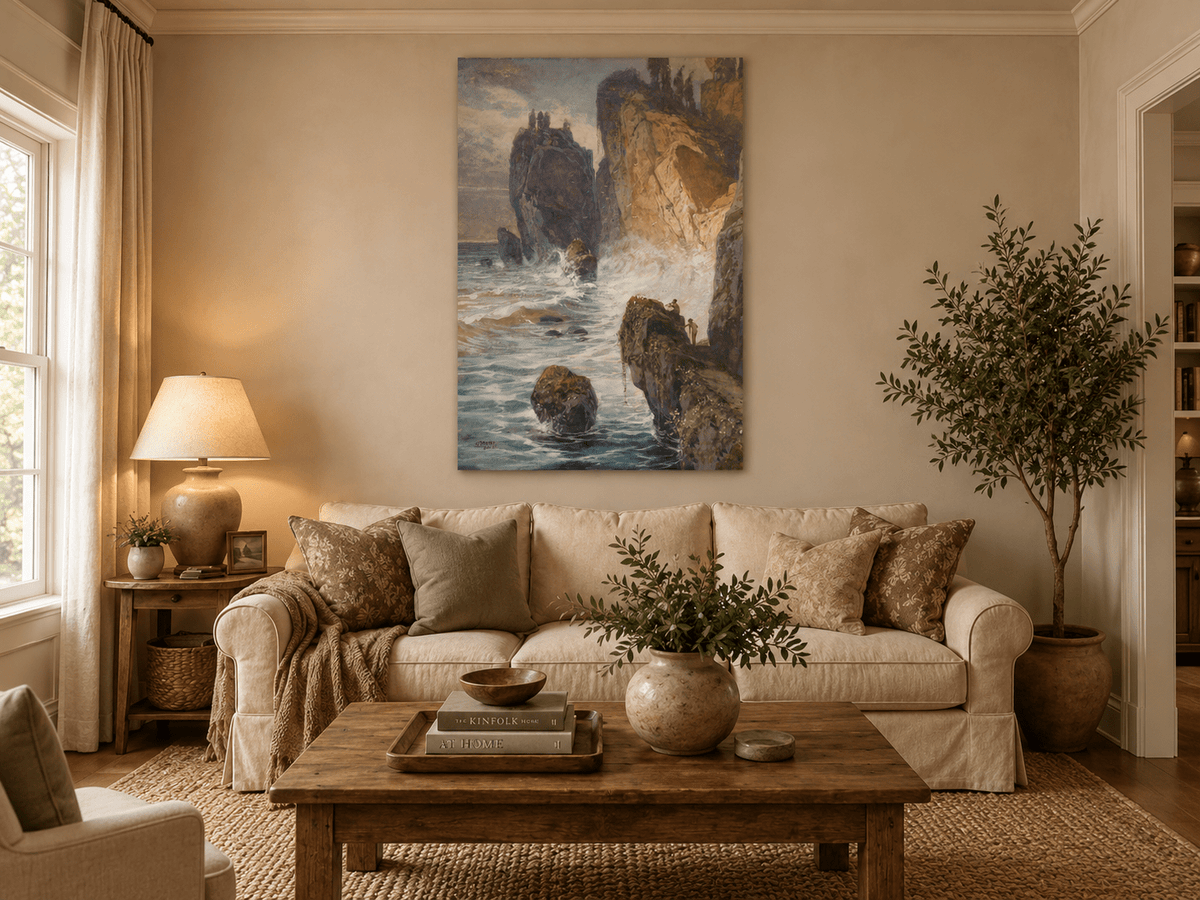 Peinture à l'huile de paysage - Rivière printanière avec pêcheur et arbres