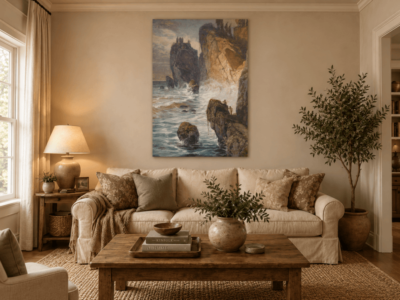 Peinture à l'huile de paysage - Rivière printanière avec pêcheur et arbres