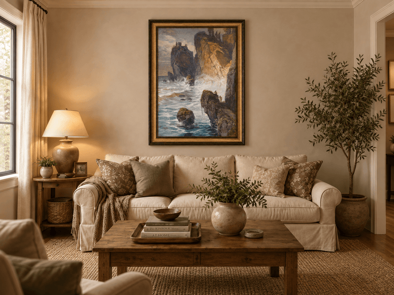 Peinture à l'huile de paysage - Rivière printanière avec pêcheur et arbres