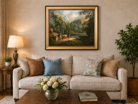 Hand-painted Dramatic Valley with Figures and Light landscape oil painting displayed as wall art in a styled interior