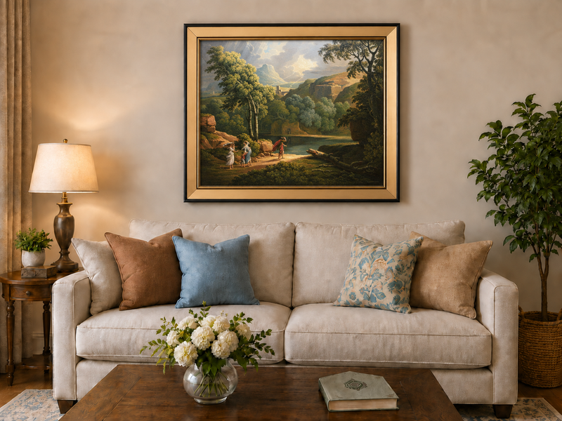 Hand-painted Dramatic Valley with Figures and Light landscape oil painting displayed as wall art in a styled interior