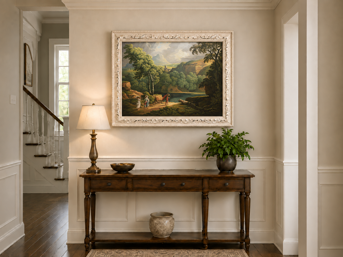 Hand-painted Dramatic Valley with Figures and Light landscape oil painting displayed as wall art in a styled interior
