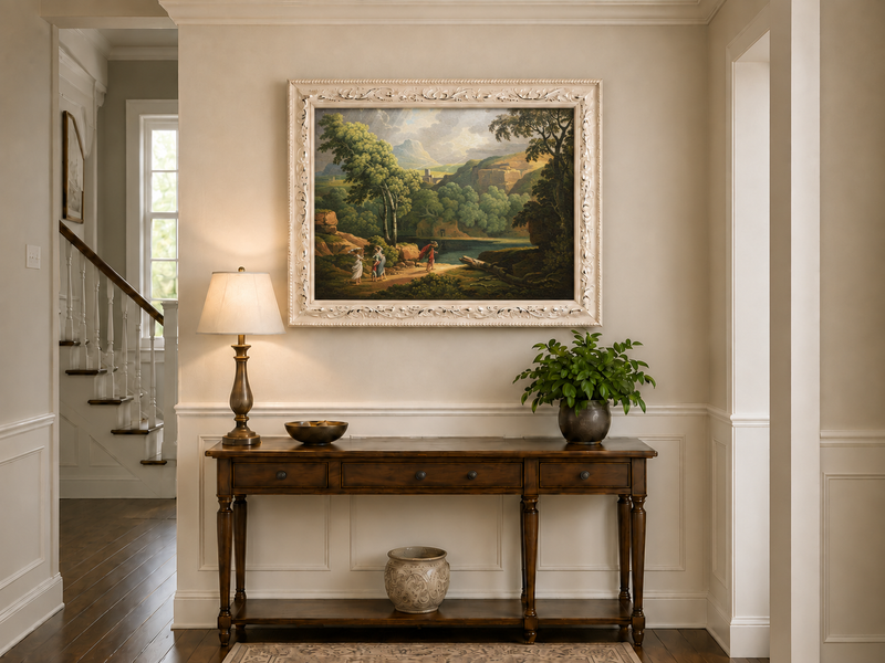 Hand-painted Dramatic Valley with Figures and Light landscape oil painting displayed as wall art in a styled interior
