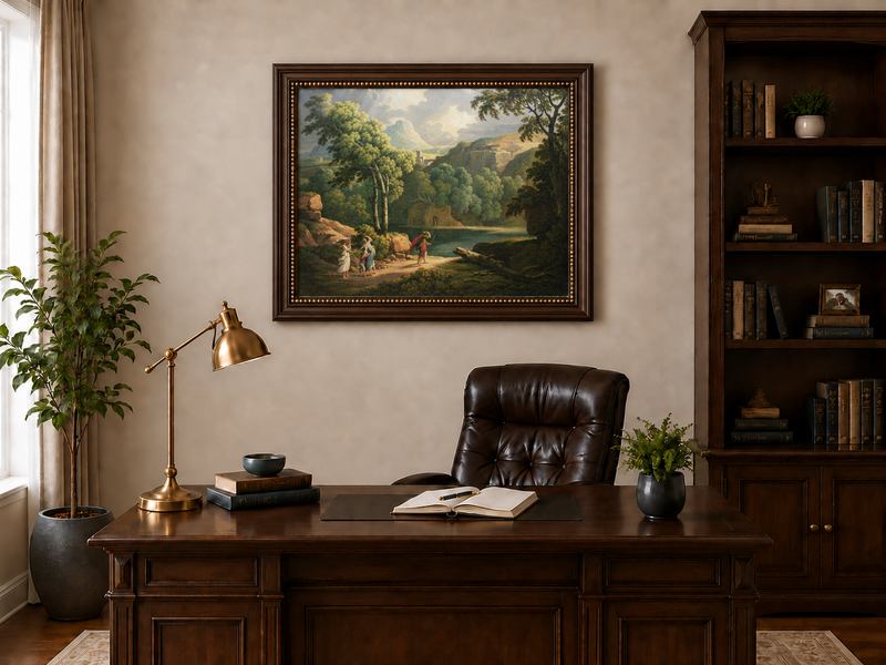 Hand-painted Dramatic Valley with Figures and Light landscape oil painting displayed as wall art in a styled interior