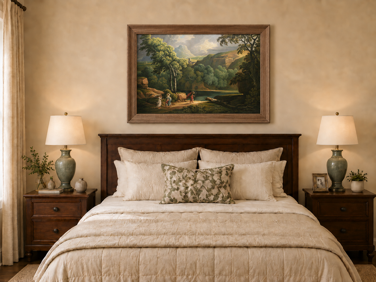 Hand-painted Dramatic Valley with Figures and Light landscape oil painting displayed as wall art in a styled interior
