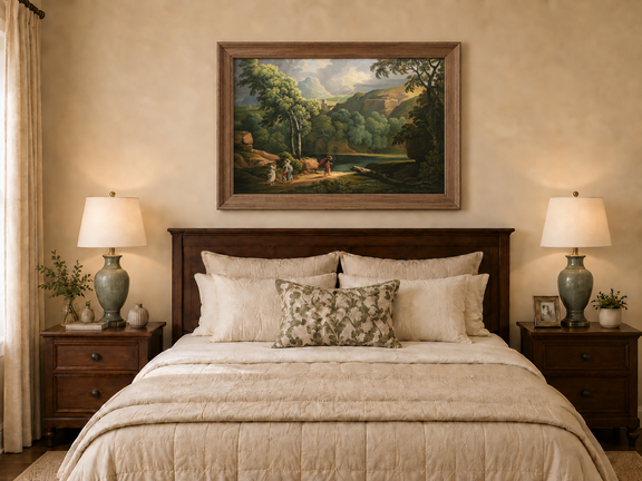 Hand-painted Dramatic Valley with Figures and Light landscape oil painting displayed as wall art in a styled interior