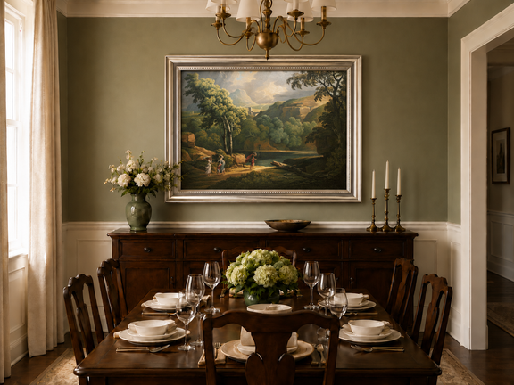 Hand-painted Dramatic Valley with Figures and Light landscape oil painting displayed as wall art in a styled interior