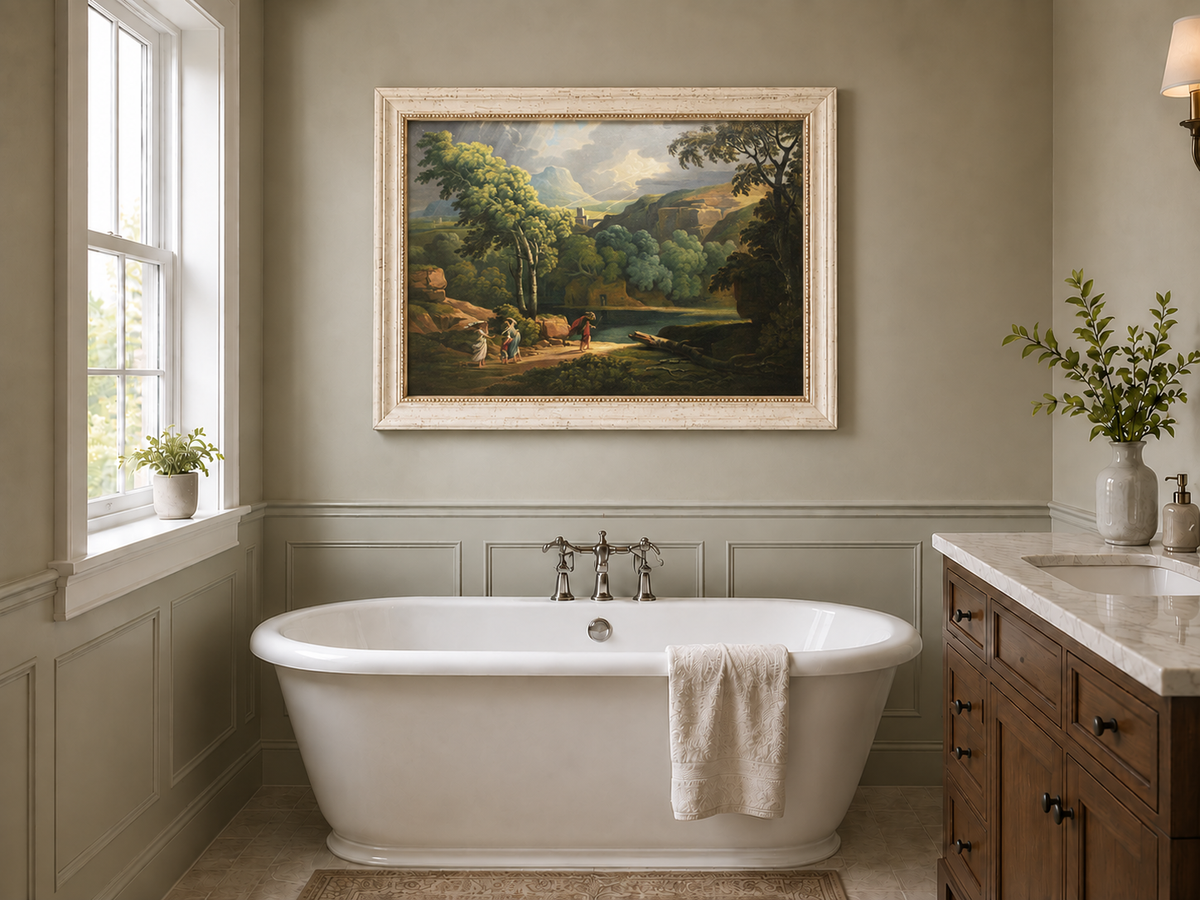 Hand-painted Dramatic Valley with Figures and Light landscape oil painting displayed as wall art in a styled interior