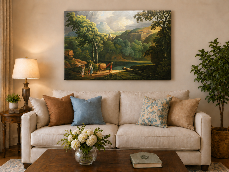 Hand-painted Dramatic Valley with Figures and Light landscape oil painting displayed as wall art in a styled interior