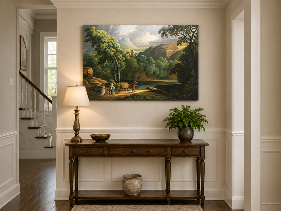 Hand-painted Dramatic Valley with Figures and Light landscape oil painting displayed as wall art in a styled interior