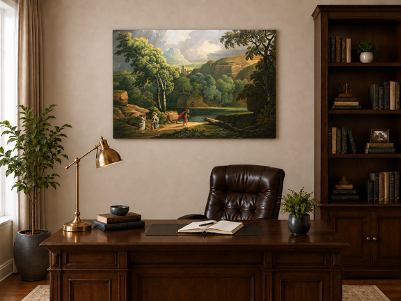 Hand-painted Dramatic Valley with Figures and Light landscape oil painting displayed as wall art in a styled interior