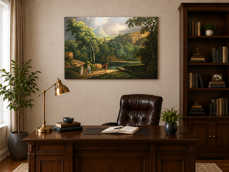 Hand-painted Dramatic Valley with Figures and Light landscape oil painting displayed as wall art in a styled interior