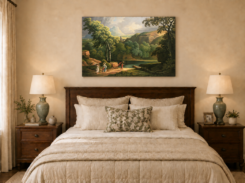 Hand-painted Dramatic Valley with Figures and Light landscape oil painting displayed as wall art in a styled interior
