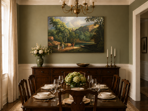 Hand-painted Dramatic Valley with Figures and Light landscape oil painting displayed as wall art in a styled interior