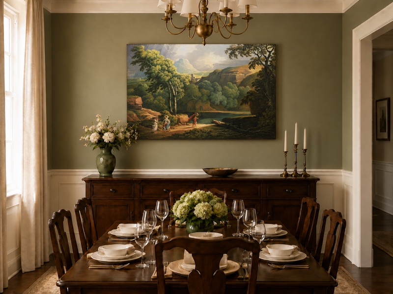 Hand-painted Dramatic Valley with Figures and Light landscape oil painting displayed as wall art in a styled interior