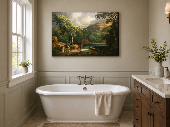 Hand-painted Dramatic Valley with Figures and Light landscape oil painting displayed as wall art in a styled interior