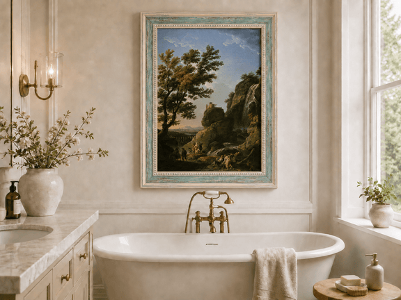 Dramatic waterfall landscape oil painting presented as interior home decor.