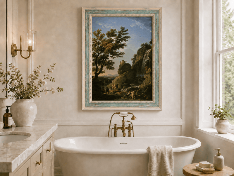 Dramatic waterfall landscape oil painting presented as interior home decor.