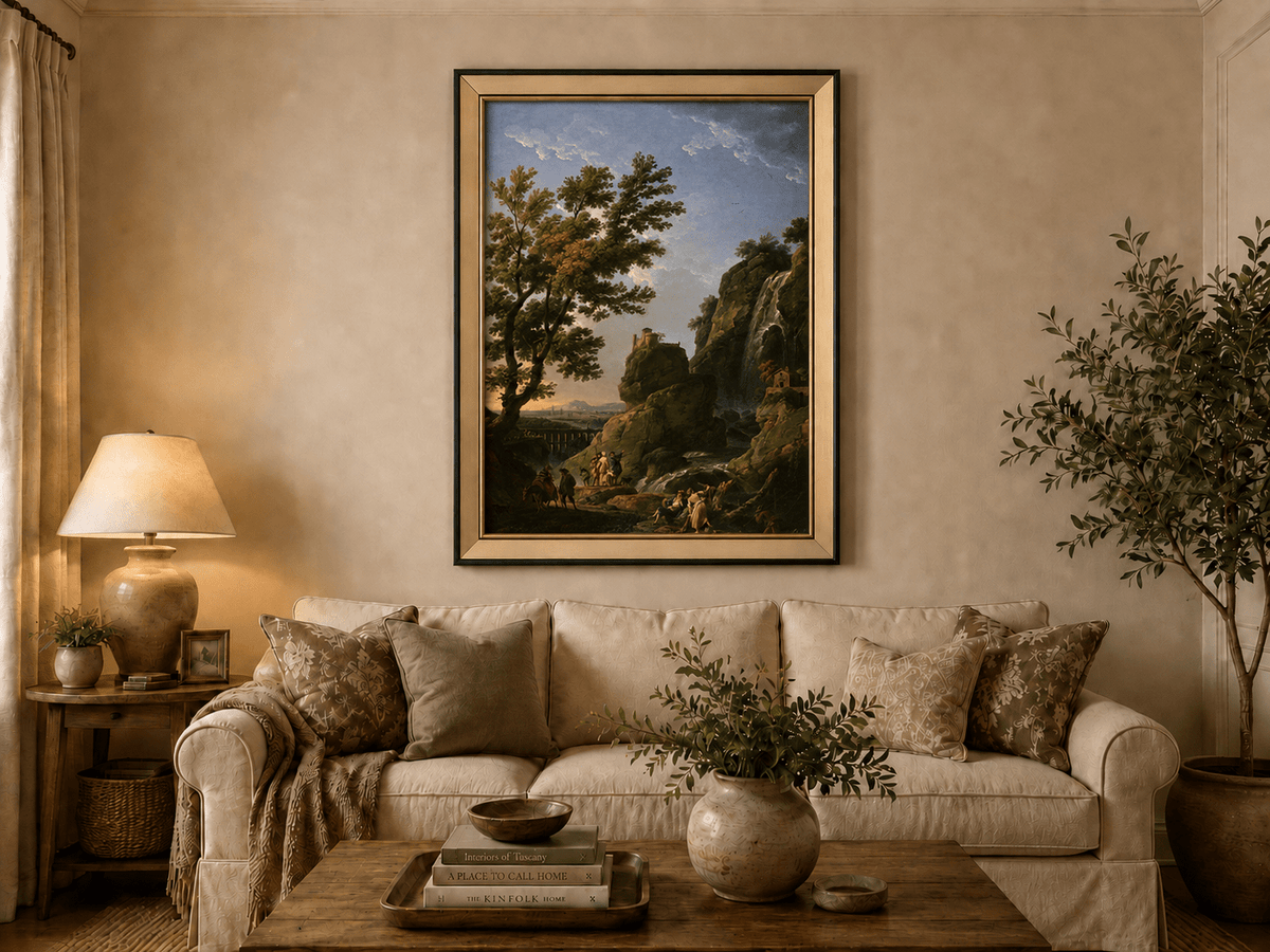 Dramatic waterfall and cliffside castle landscape oil painting displayed in a styled home interior.