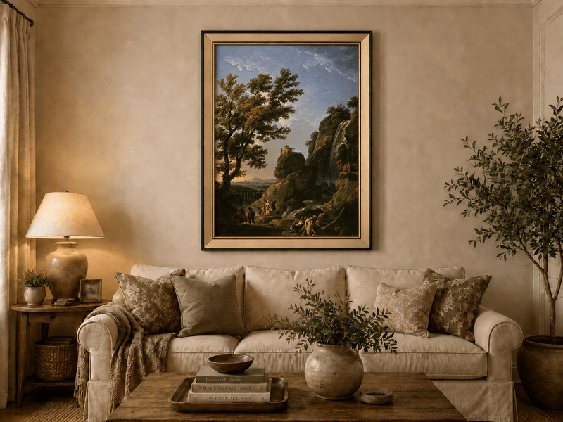 Dramatic waterfall and cliffside castle landscape oil painting displayed in a styled home interior.