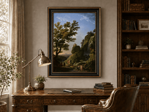 Dramatic waterfall with cliffside castle landscape oil painting presented in an interior wall art mockup.