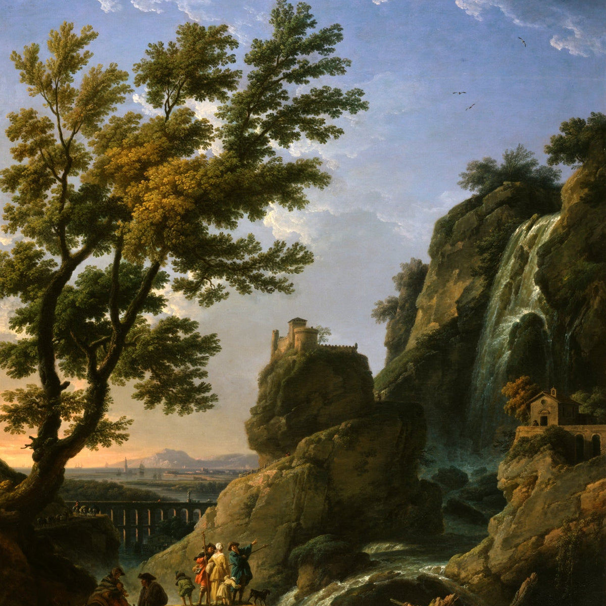 Landscape Oil Painting - Dramatic Waterfall and Cliffside Castle - Oil Painting Haven