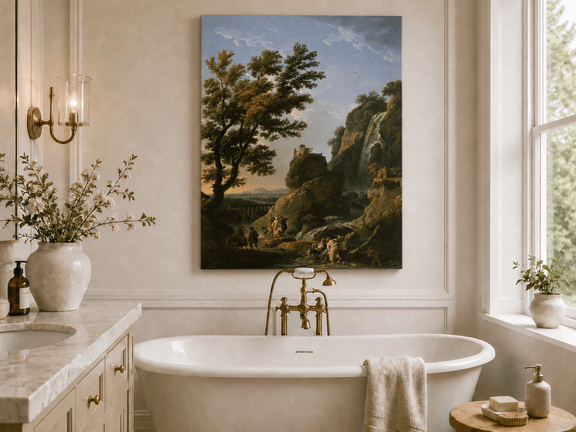 Dramatic waterfall and cliffside castle landscape oil painting presented as styled home decor.