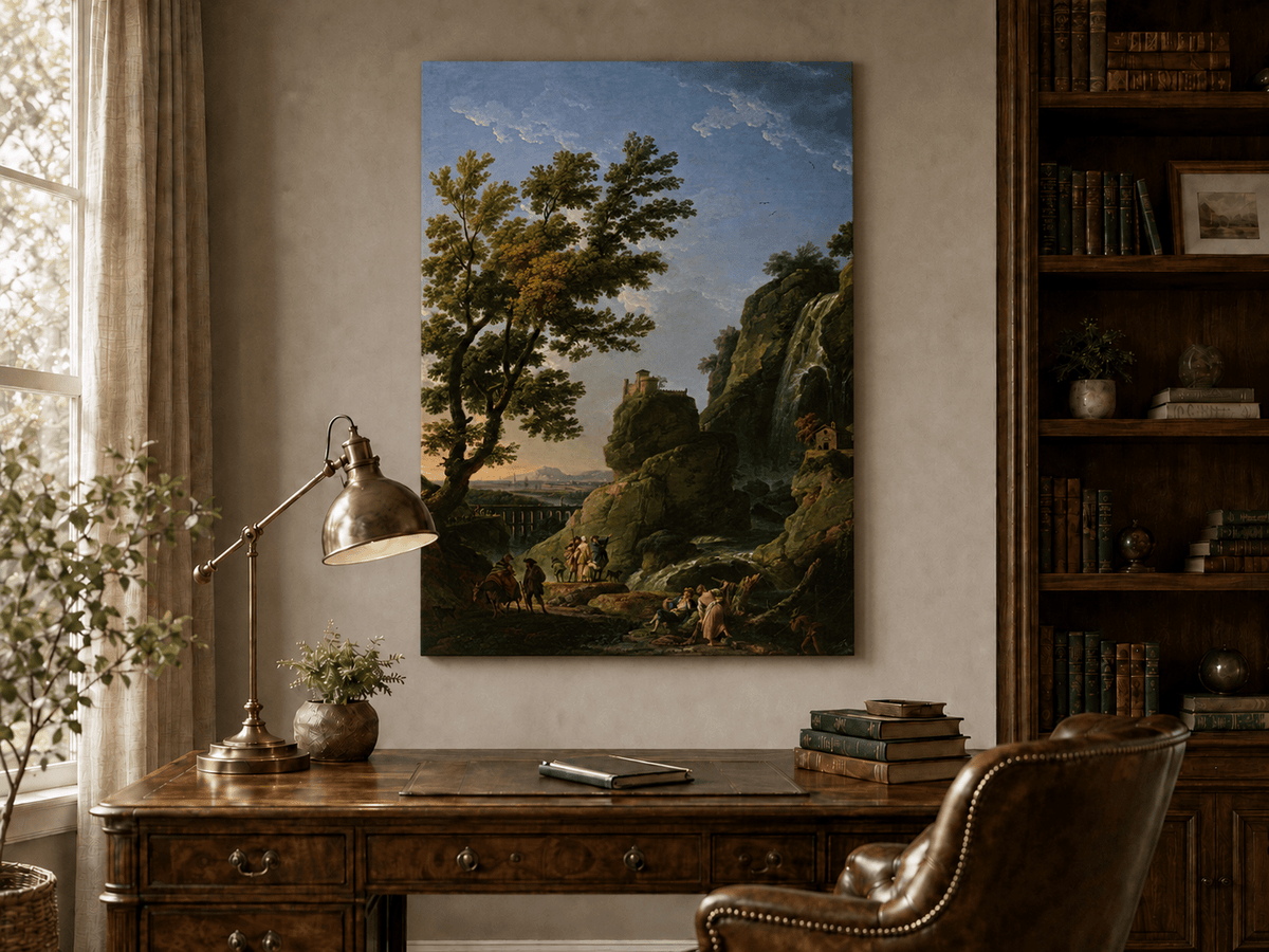 Interior wall art view featuring a dramatic waterfall and cliffside castle oil painting.
