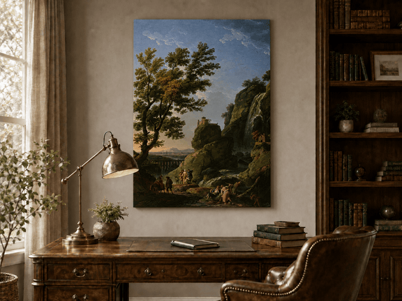 Interior wall art view featuring a dramatic waterfall and cliffside castle oil painting.