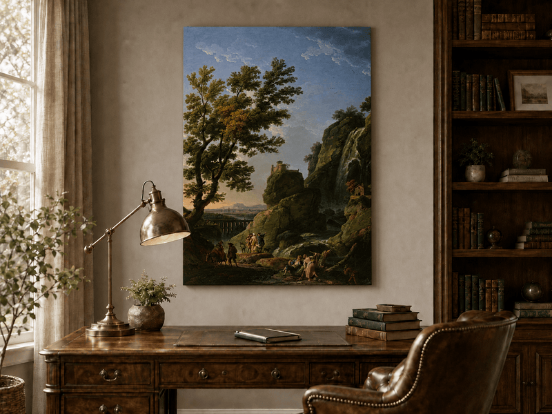 Interior wall art view featuring a dramatic waterfall and cliffside castle oil painting.