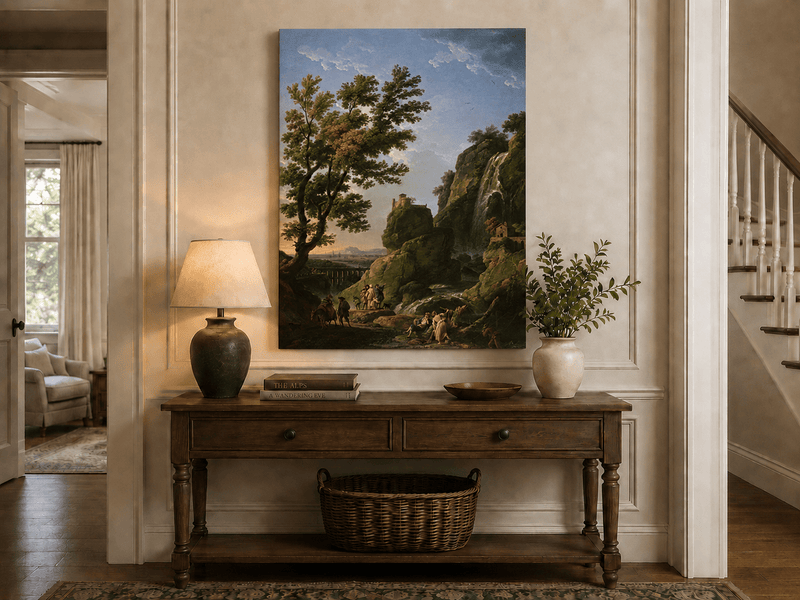 Cliffside castle landscape painting shown as decorative oil wall art.