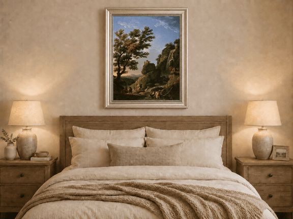 Hand-painted dramatic waterfall and cliffside castle displayed as decorative wall art.