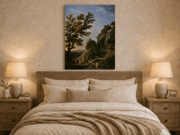 Cliffside castle and waterfall oil painting displayed as landscape wall decor.