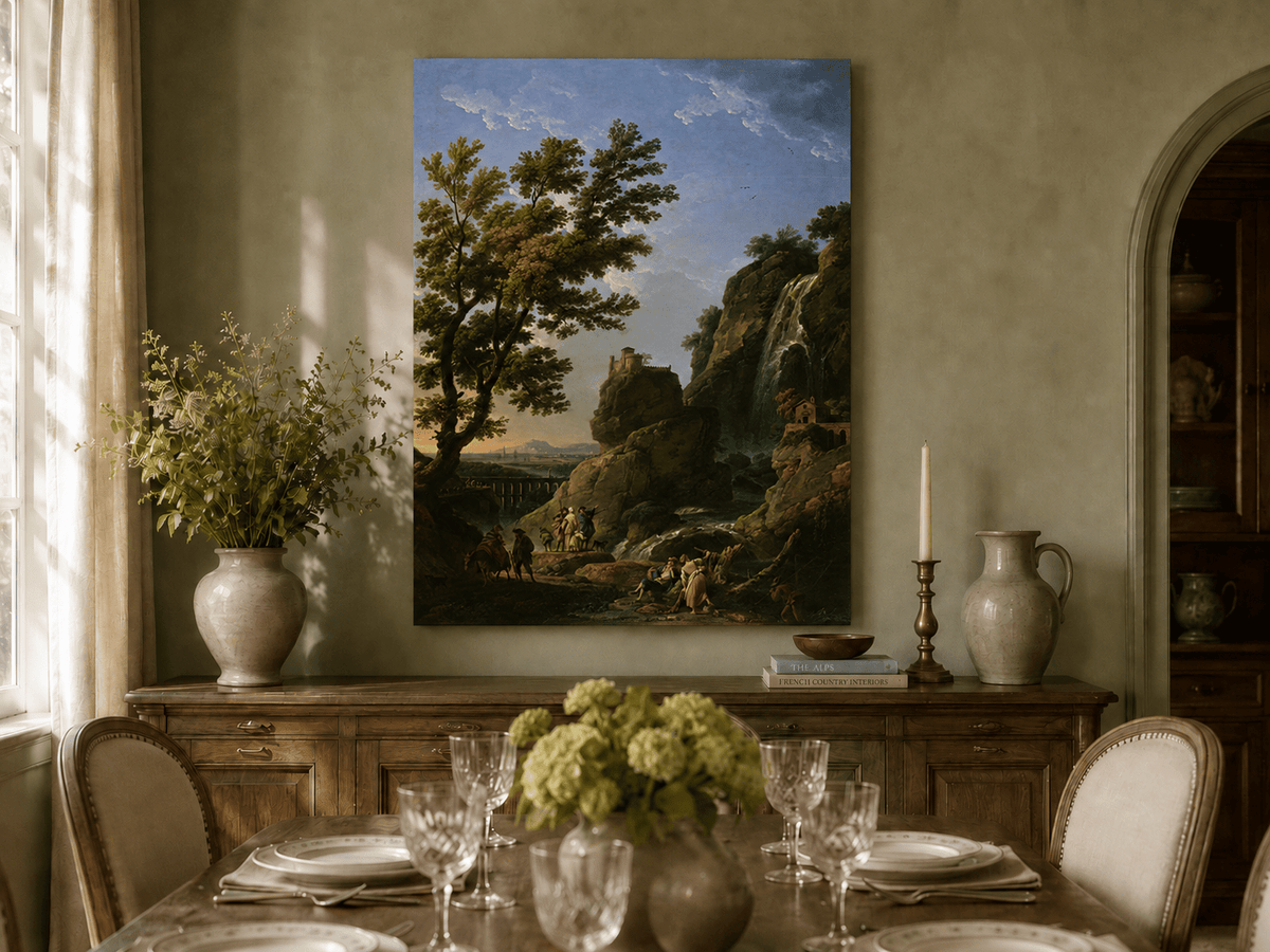 Hand-painted dramatic waterfall landscape artwork in an interior display.