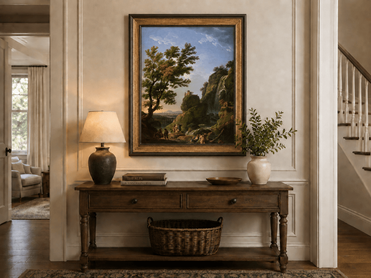 Waterfall and cliffside castle hand-painted oil artwork shown as home wall decor.