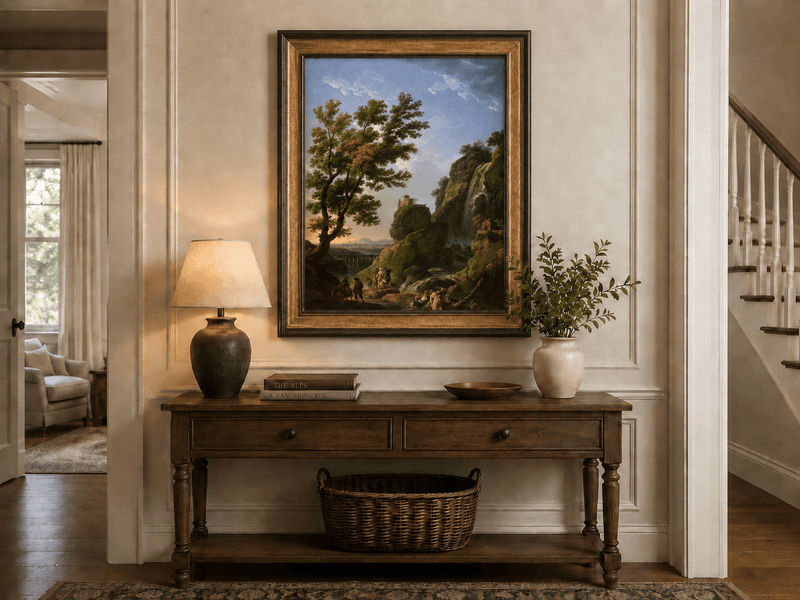 Waterfall and cliffside castle hand-painted oil artwork shown as home wall decor.