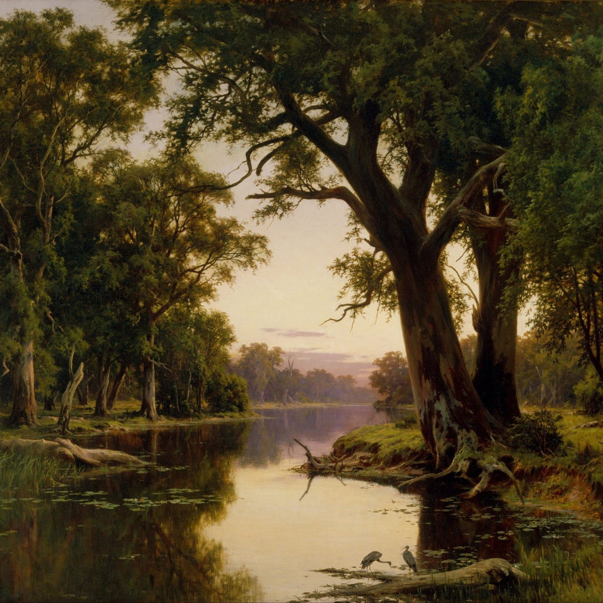 Landscape Oil Painting - Dusk Forest River: Large Trees, Water Lilies - Oil Painting Haven