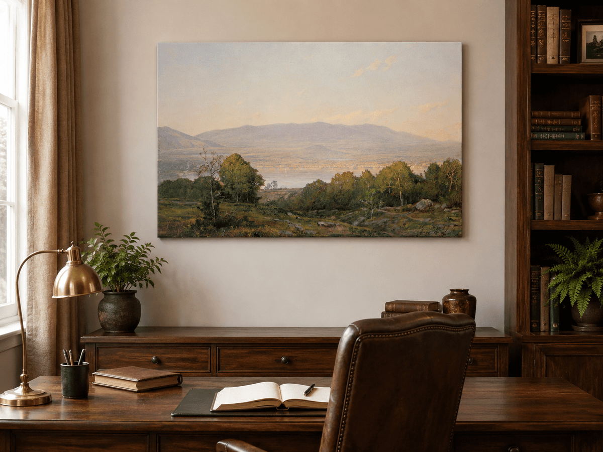 Unframed hand-painted dusk lake oil painting with distant mountains and wooded hills displayed above a traditional home office desk.