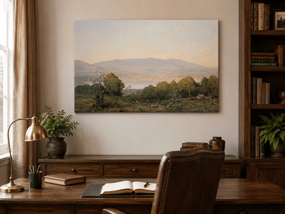 Unframed hand-painted dusk lake oil painting with distant mountains and wooded hills displayed above a traditional home office desk.