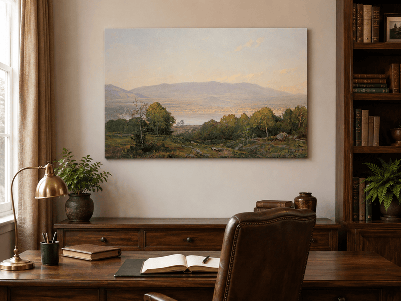 Unframed hand-painted dusk lake oil painting with distant mountains and wooded hills displayed above a traditional home office desk.