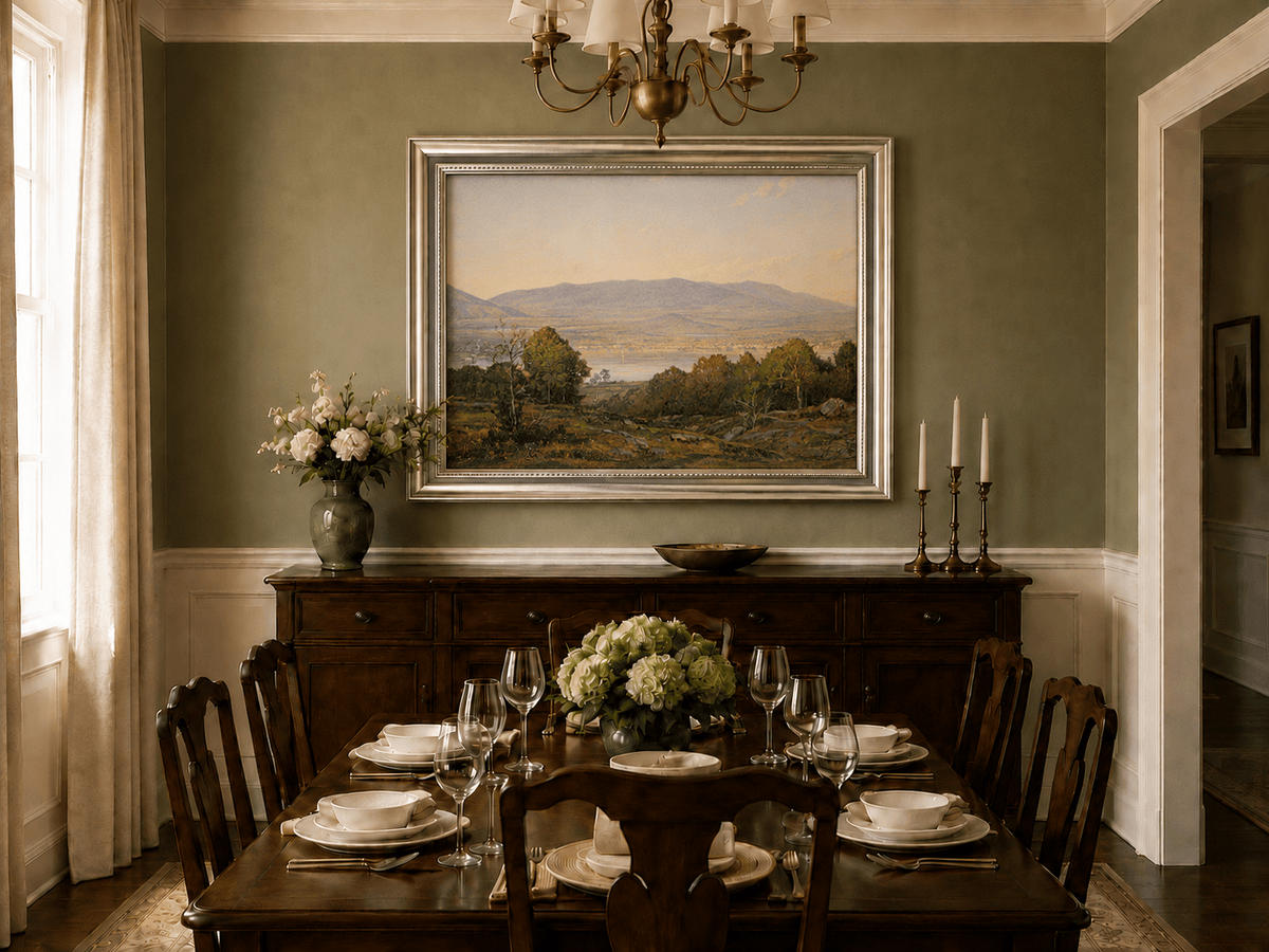 Framed hand-painted dusk lake oil painting with distant mountains and wooded hills displayed above a formal dining table.